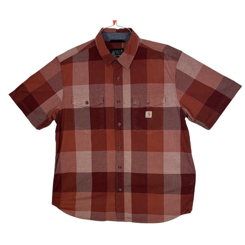 Carhartt Mens XL Relaxed Fit Short Sleeve Plaid Button Down Shirt Red 104623-R37